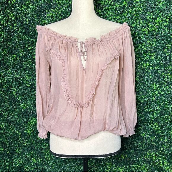 Guess by Marciano Sheer Silk Blush Boho Ruffle Top Sz S - Picture 1 of 8